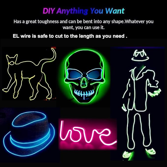 MaxLax EL Wire Ice Blue 10-Pack, 16.4ft/5m Neon Light Wire with Noise Reduction and Battery Pack…