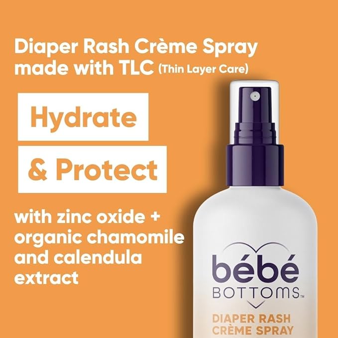 Bébé Bottoms Baby Diaper Rash Cream Spray, No-Rub Touch Free Application for Sensitive Skin 1.7oz (50 ml)