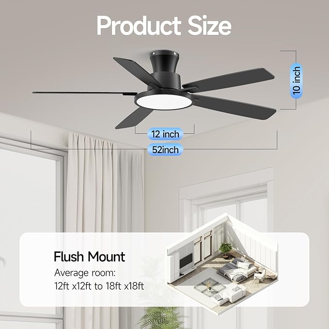 Ceiling Fans with Lights,52 inch,Quiet,Reversible Motor,Dimmable, Adjustable Color Temperature,6 Speeds,Timer, Low Profile Ceiling Fan for Bedroom,Living Room,Indoor/Outdoor Use (Black)