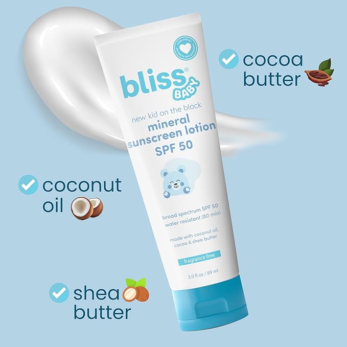 Bliss Baby Sunscreen, Premium SPF 50 Sunscreen Mineral Lotion, Natural Zinc Oxide, Hypoallergenic, Non-toxic, Water-Resistant, Vegan, Sensitive Skin - For Babies, Toddlers, Kids & Whole Family