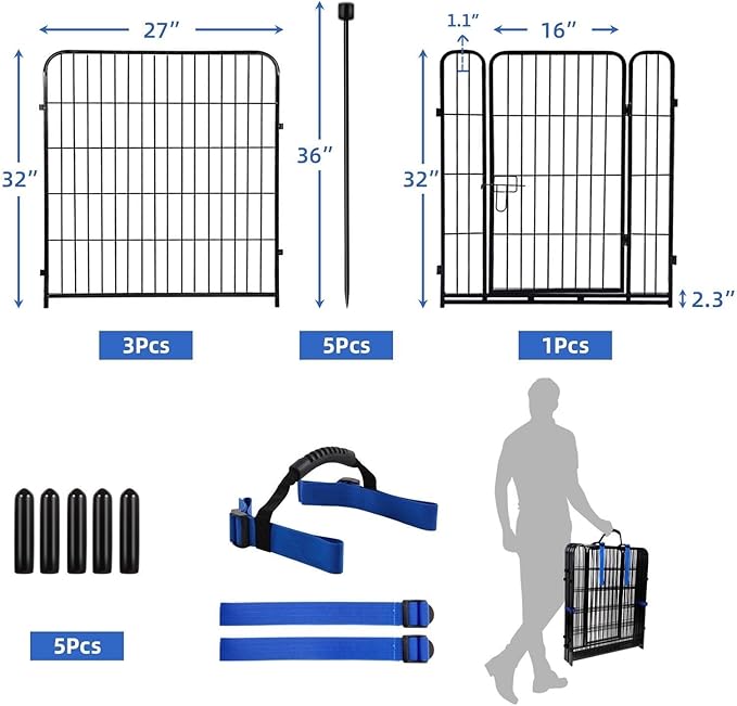 ADAVIN 32 in(H) Garden Fences and Borders,1 Gate+3 Panels Dog Fence Outdoor for Yard, Heavy Duty Iron Metal Animal Barrier Fence, Camping Fence, Flower Garden Fencing,Total 8.9 Ft(L), Black