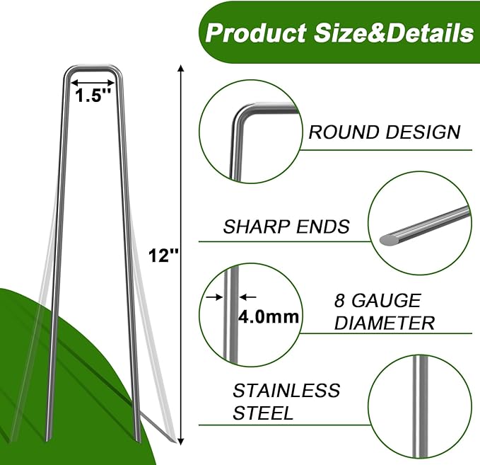 AAGUT Landscape Staples 12 Inch 8 Gauge Galvanized Fence Stakes 20 PCS Anti-Rust Landscape Pins for Secure Lawn Fabric, Weed Barrier Fabric, Ground Cover, Dripper Irrigation Tubing Soaker Hose