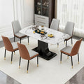 Modern Dining Table Set for 6, Marble Kitchen Table Chair Set for 6, Rectangular Kitchen Table with 6 Pu Leather Upholstered Chair for Dining Room