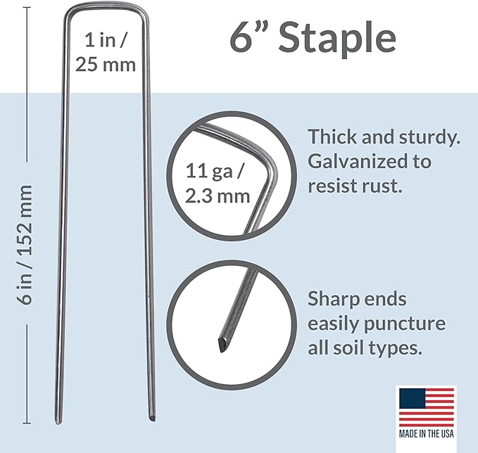 Pinnacle Mercantile USA Made 250 Pack Garden Landscape Staples Weed Barrier Fabric Stakes Galvanized 6 inch Pins Anti Rust Sod Staple 11 Gauge Steel