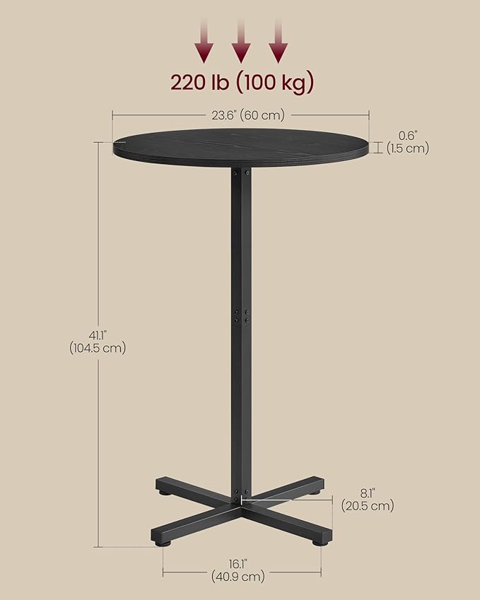 VASAGLE Round Cocktail Table, High Top Bar Pub Table with Metal Frame and Cross Base, for 2-3 People, Modern, Easy to Assemble, 23.6 x 23.6 Inches, Ebony Black ULBT361B01V1