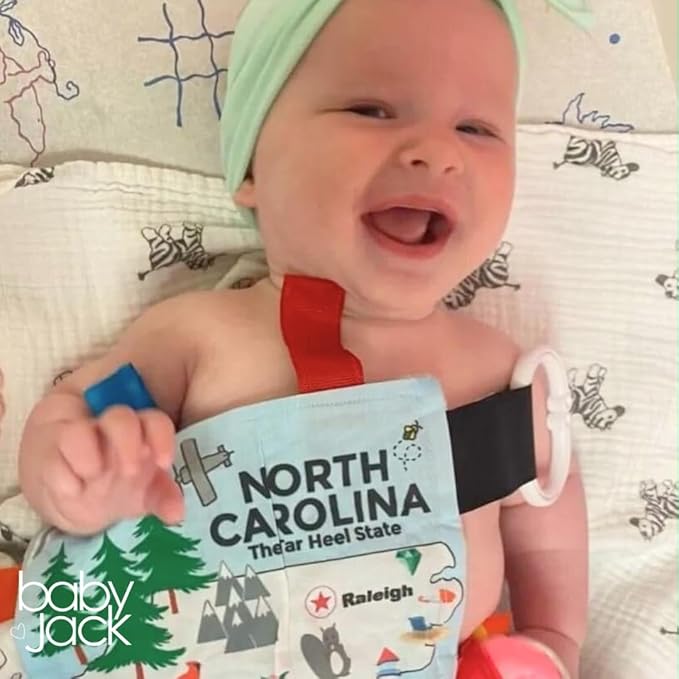Baby Jack & Co 8x8” Learning Lovey North Carolina State Tag Stroller Toy for Babies - Crinkle Toys for Developing Five Senses - Learn About Capitals - Travel with Baby Jack - BPA Free Clip