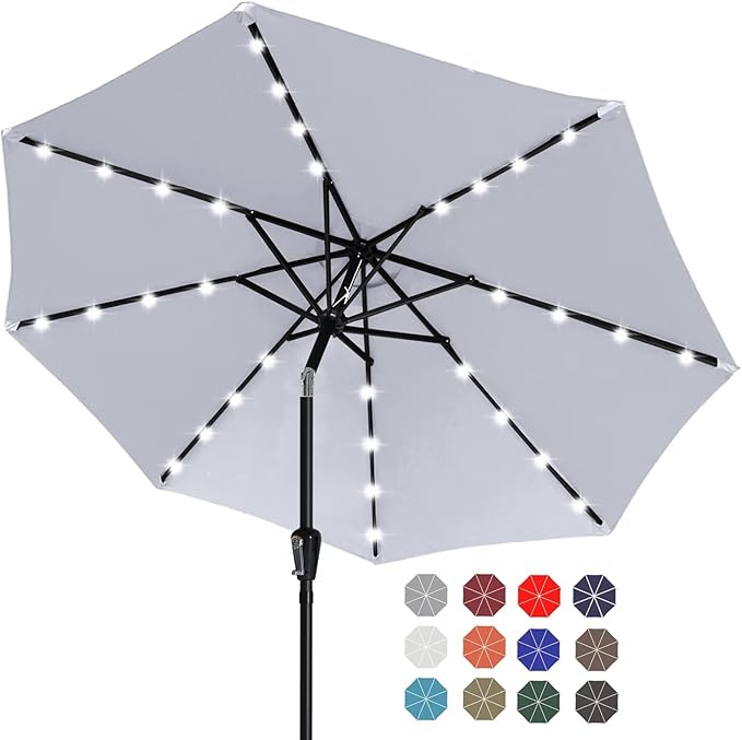 ABCCANOPY Durable Solar Led Patio Umbrellas with 32LED Lights 9FT (Light Gray)