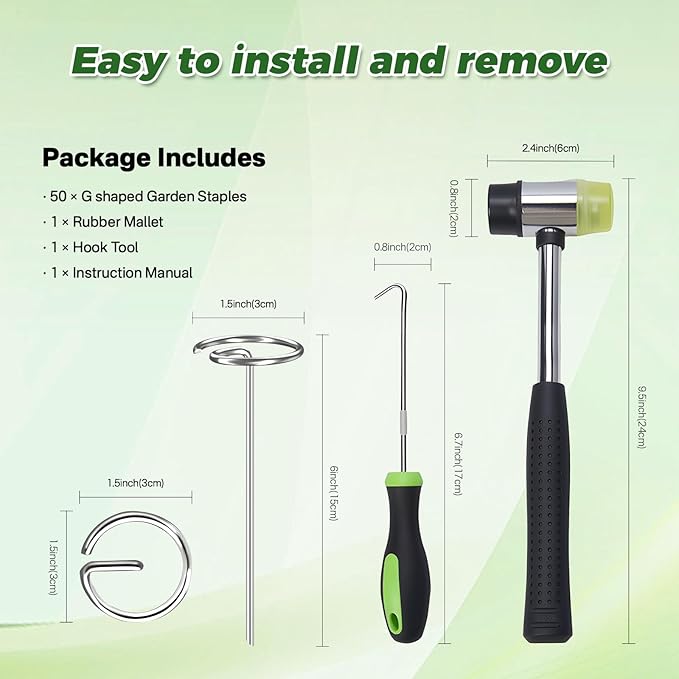 100pcs Landscape Fabric Pins, Heavy Duty Galvanized Landscape Staples Weed Barrier Stakes Lawn Staples with Staples Remover Mallet Yard Stakes Staples for Lawn Edging Ground Cover Outdoor Gardening