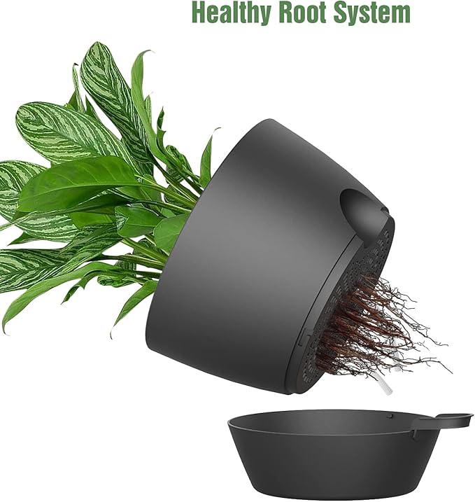 WOUSIWER 10 inch Self Watering Planters, 2 Pack Large Plastic Plant Pots with Deep Reservior and High Drainage Holes for Indoor Outdoor Plants and Flowers, Black