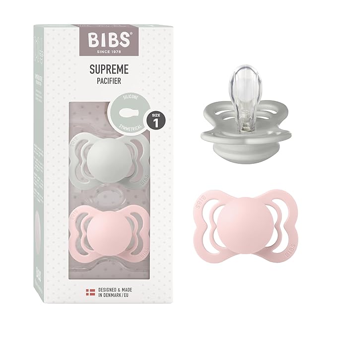 BIBS Supreme Baby Pacifier 2-Pack | Made in Denmark | BPA Free Dummy Soother, Symmetrical Nipple. Silicone, Size 1 (0-6 Months), Haze/Blossom