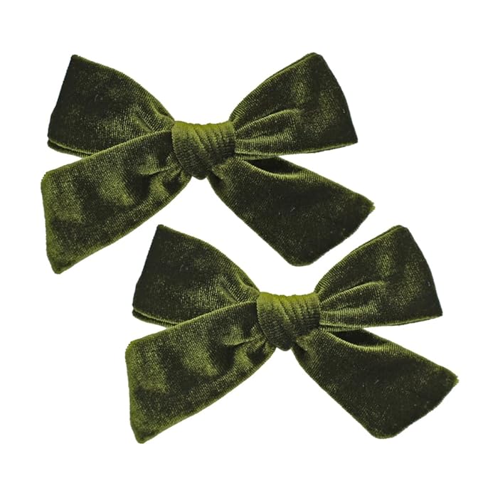 Vintage Velvet Bow Hair Clips for Baby Girl Kids Women Fall Velvet Christmas Hair Bows Barrettes Accessories (2 pcs Olive)