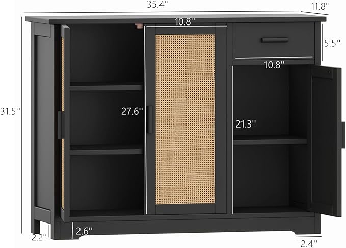 Irontar Kitchen Storage Cabinet, Sideboard Buffet Cabinet with Rattan Doors, Farmhouse Console Table with Drawer, Coffee Bar, Accent Table for Kitchen, Living Room, Hallway, Black and Natural CWG010BM