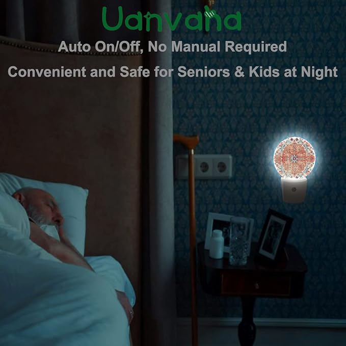 Boho Mandala Night Light Vintage Floral Flowers Carpet Pattern Night Lights Plug into Wall 0.5W LED Lighting Auto on/Off for Hallway Stairway Kitchen Home Decor