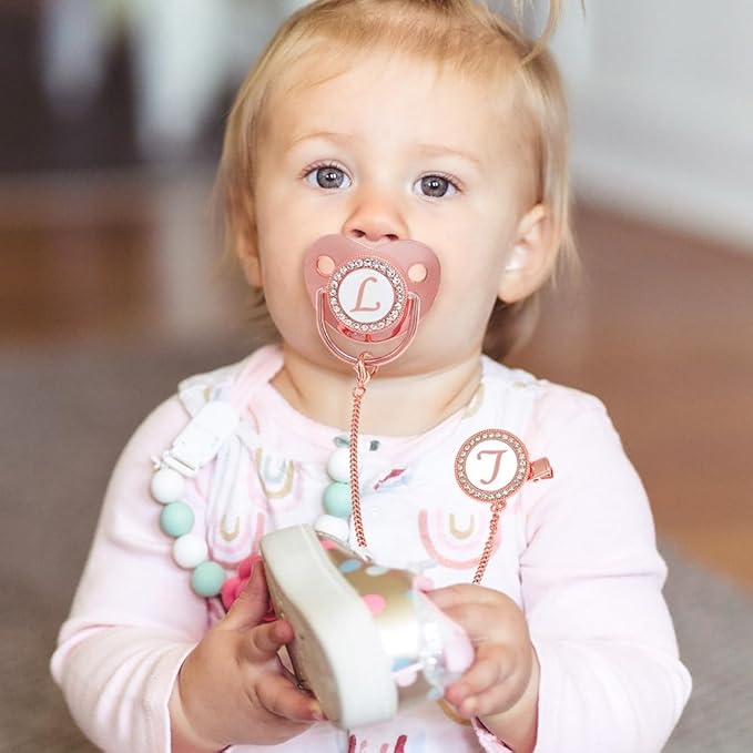 Bling Personalized Pink Baby Pacifier with Pacifier Clips and Anti-dust Cover A-Z 26 Letters(Pink,L)