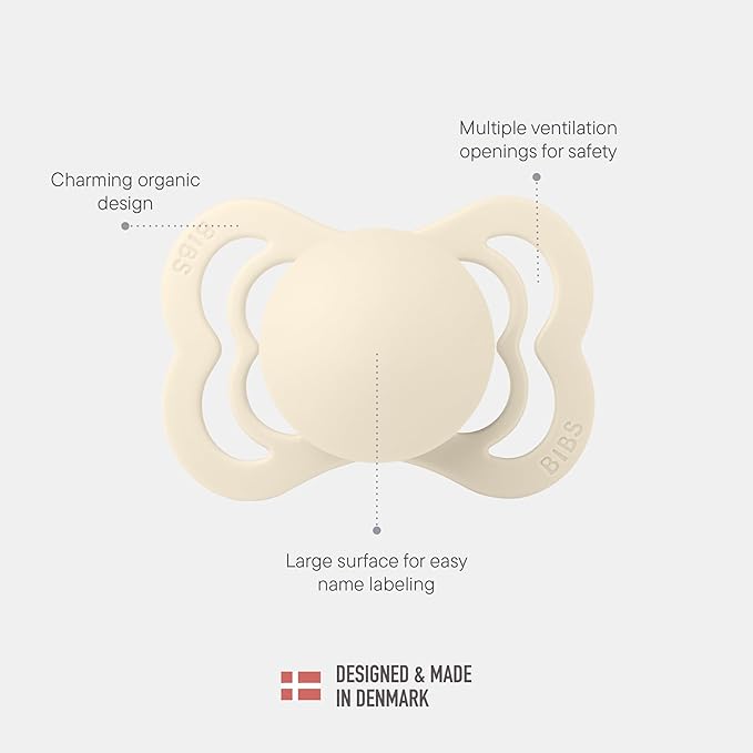 BIBS Supreme Baby Pacifier 2-Pack | Made in Denmark | BPA Free Dummy Soother, Symmetrical Nipple. Silicone, Size 1 (0-6 Months), Haze/Blossom