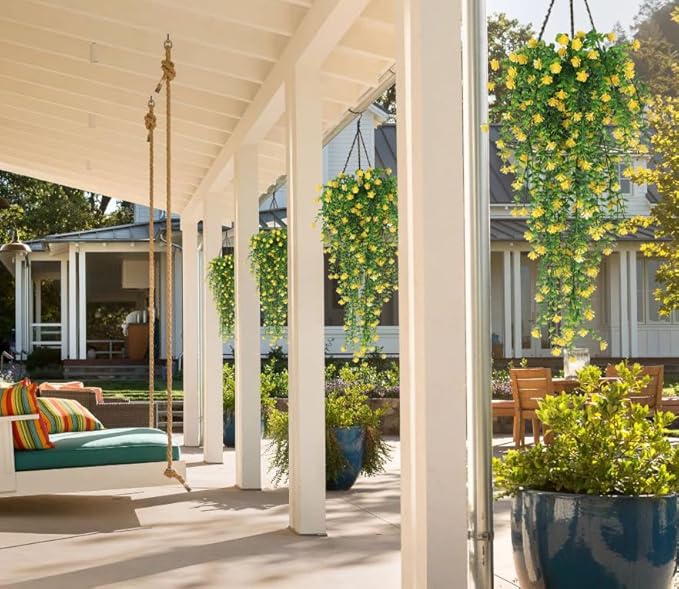SJL Faux Hanging Plant Artificial Hanging Plants Indoor Ferns for Outdoors 4pcs Fake Plants Vines Eucalyptus Leaf Plastic Flowers Real Touch All Year Round Decor Arch Porch (Yellow)