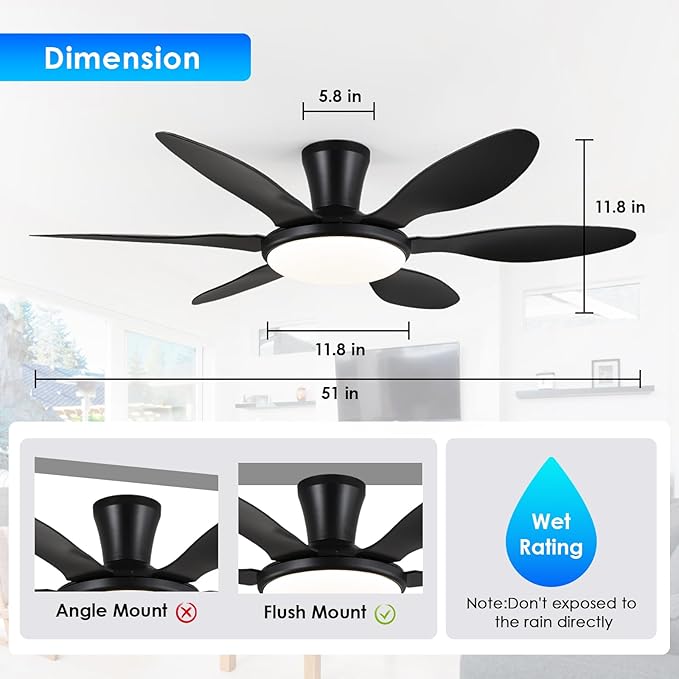 Ceiling Fans with Lights, 51 inch Modern Black Low Profile Ceiling Fan with Light and Remote App Control, Flush Mount, Quiet DC Reversible, Dim Led Ceiling Fan 6 Blade Softer Wind Indoor/Outdoor Patio