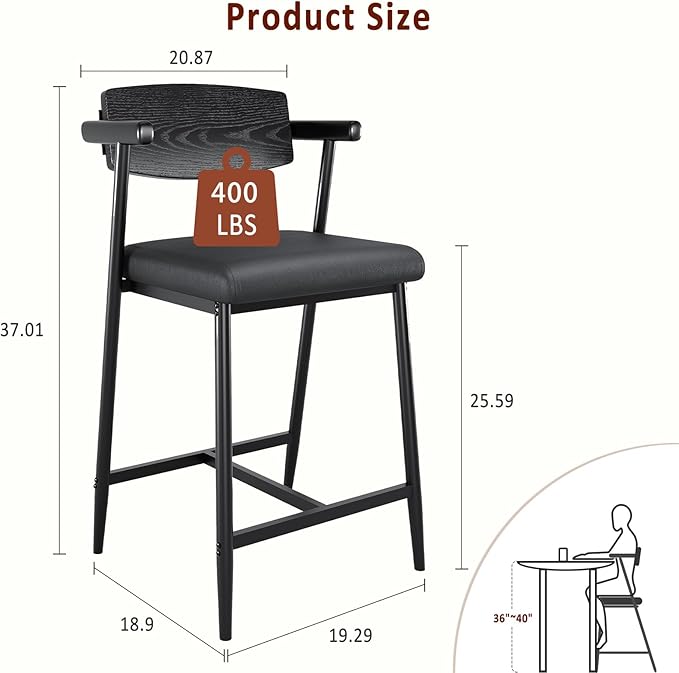 GarveeHome Counter Height Bar Stools Set of 2 with Arms, 26" Upholstered Modern Bar Stools Set with Wood Back & Footrest for Kitchen Island, Counter Bar, Wider Seat, Easy Assembly,Retro Black