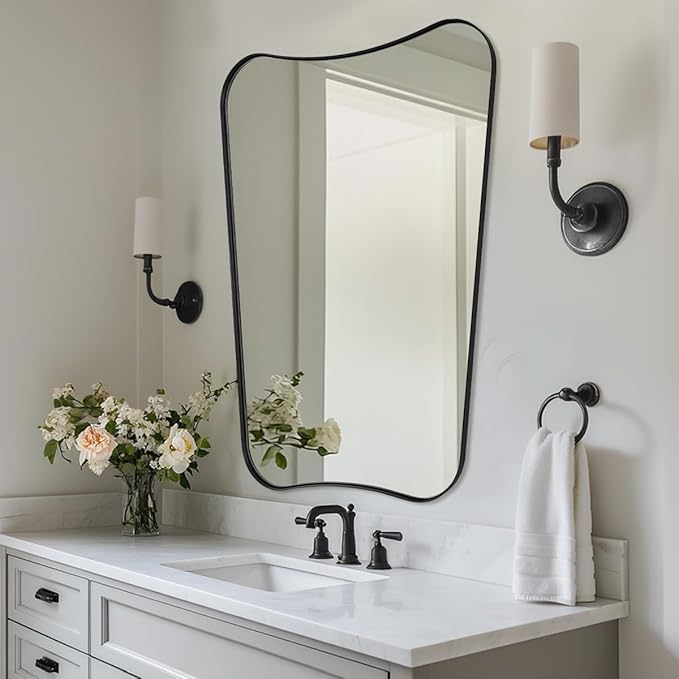 ANDY STAR Bathroom Mirror, 26x38 Inch Matte Black Vanity Mirror, Black Asymmetrical Mirror in Premium Stainless Steel Metal Frame Deep 1’’, Wall Mount Vertically Only