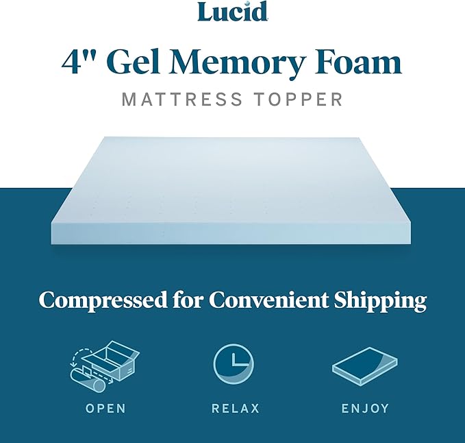 LUCID 4 Inch Gel Memory Foam Mattress Topper-Ventilated Design-Ultra Plush-Twin XL