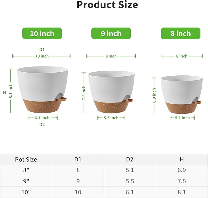 FaithLand 3-Pack Planter Pots, 10 9 8 Inch Self Watering Flower Pots for Indoor Outdoor Garden Plants, White with Brown