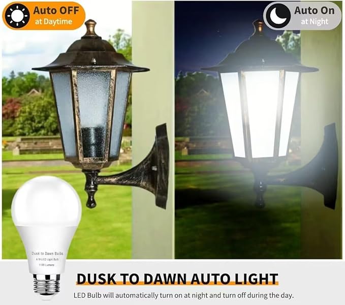 4-Pack Dusk to Dawn Light Bulbs Outdoor 75 Watt Equivalent, Automatic On/Off Sensor LED Bulb, 10W Daylight 5000K,1100 Lumen, A19 E26 Bulbs Photocell for Wall lamp Porch Garage Yard Light(Non-dimmable)