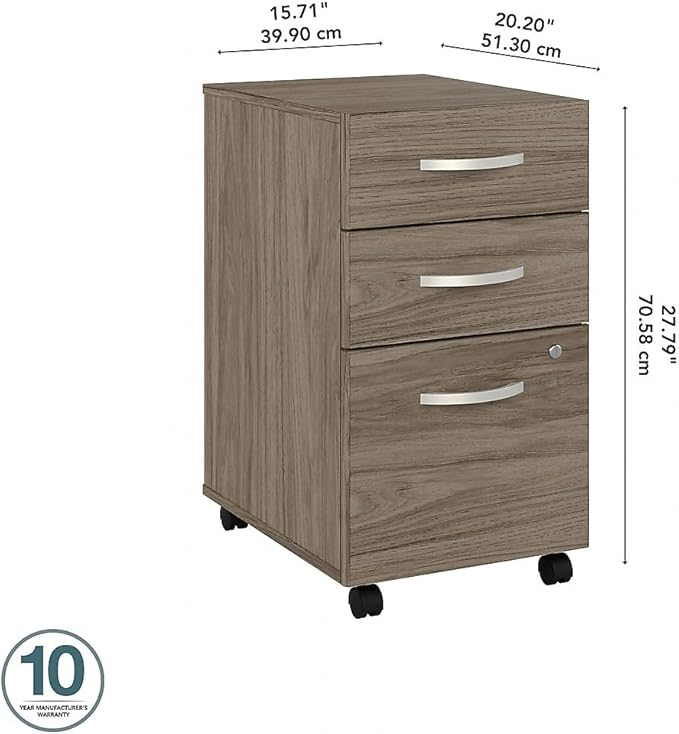 Bush Business Furniture Studio C 3 Drawer Mobile File Cabinet in Modern Hickory - Assembled, Rolling Document Storage for Home or Professional Office