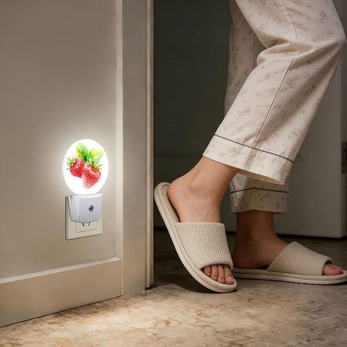 Red Strawberry Night Light Plug Into Wall Auto Led Sleep Round Lamp for Living Room Hallway Stairs