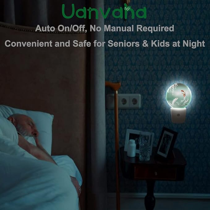 Pond Fish Night Light Two Fishes Jump Over Lake Flowers Branch Sage LED Dusk to Dawn Plug-in Nightlight Auto Sensor for Bedroom Bathroom Hallway Living Room
