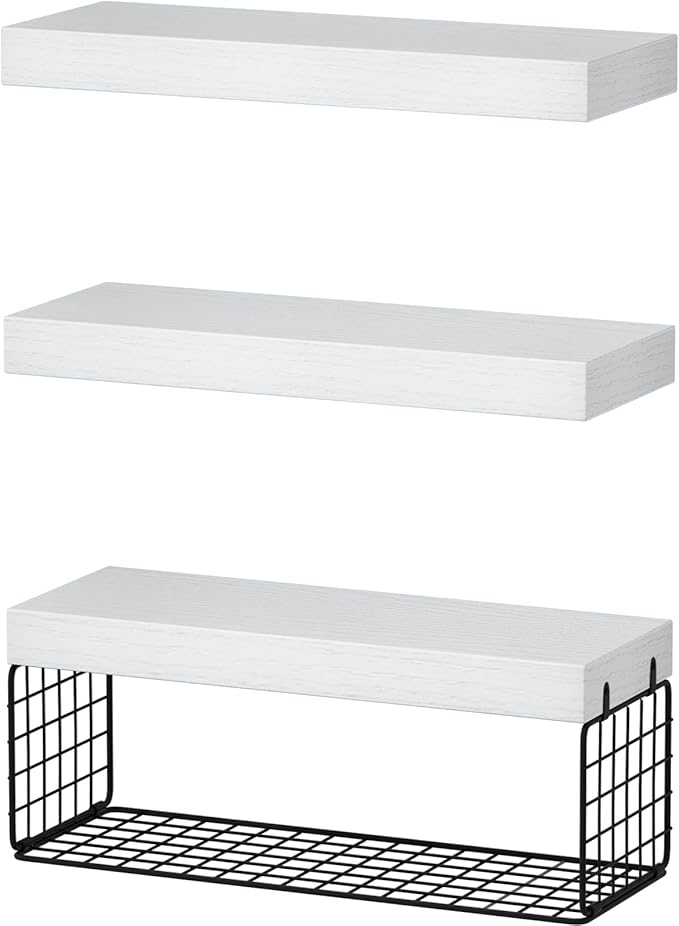 QEEIG Bathroom Shelves Over Toilet - Wall Mounted Floating Shelves Toilet Paper Storage Small Farmhouse Decor Shelf 16 inch Set of 3, White and Black (019-WB3)