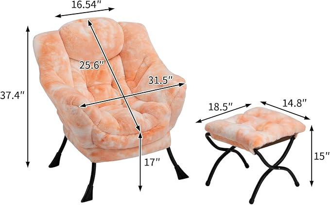 HollyHOME Faux-Fur Lazy Chair with Foldable Ottoman, Accent Comfy Lounge Arm Chair and Folding Footrest Stool Set, Leisure Sofa Reading Chair and Footstool for Living Room, Bedroom, Orange&White