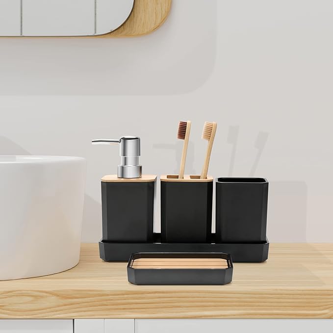 FEILANDUO Bathroom Accessories Set,5 Pcs Bathroom Accessory Gift Set, Soap Dispenser, Soap Dish, Toothbrush Holder, Toothbrush Cup, Vanity Tray, Boho, Modern Bathroom Decor (Black)