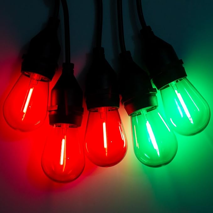 Red Green S14 Christmas Light Bulbs, 1 Watt Plastic Shatterproof LED Replacement Bulbs for Indoor Outdoor Patio String Light, E26 Medium Base, 15 Pack