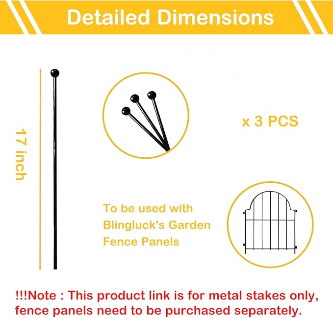 Decorative Garden Fence Stakes 3 Pack Without Fence Panels, Total 17in(H) No Dig Animal Barrier, Garden Border Edging Flower Outdoor Fences for Landscape Specialized Accessories