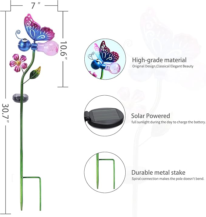 Bshine Solar Butterfly Outdoor Garden Decorative Lights, Waterproof Metal Stake Solar LED Lights Garden Decor Backyard, Pathway, Path, Lawn Ornaments for Mom
