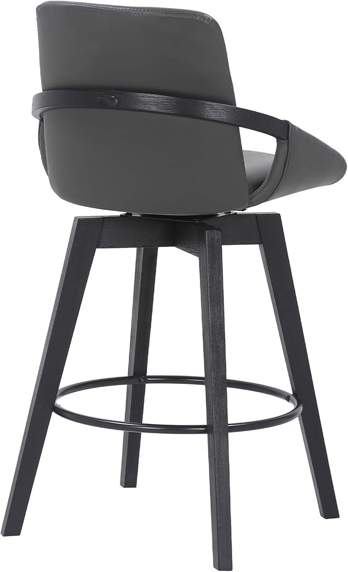 Armen Living Baylor Mid Century Modern Swivel Bar Stool for Kitchen Island Counter in Gray Faux Leather and Black Wood, 26" Seat Height