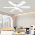 52inch White Ceiling Fans with Lights and Remote/App Control, Low Profile Ceiling Fan with Light and 6 Double-Side blades, Flush Mount, LED/RGB Dimmable DC Reversible Modern Ceiling Fan for