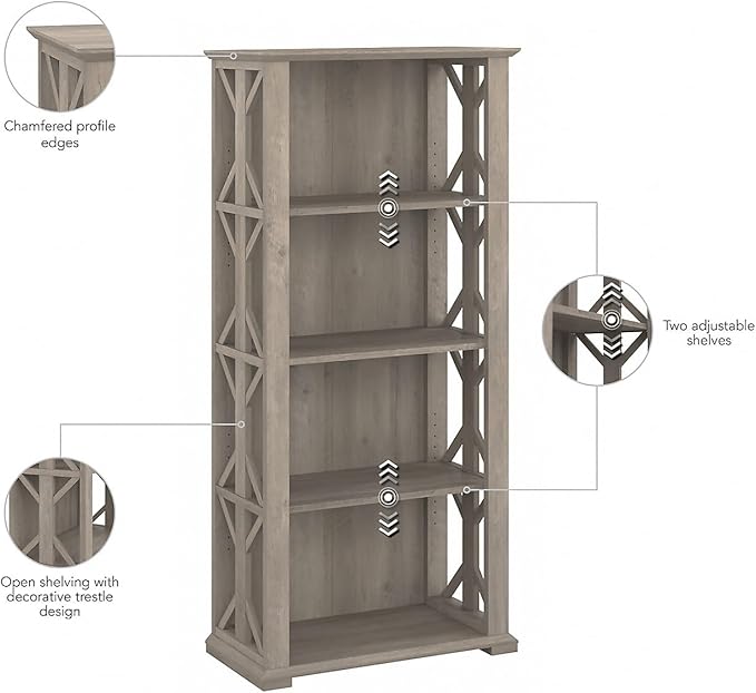Bush Furniture Homestead 4 Shelf Farmhouse Bookcase in Driftwood Gray, Vertical Office Organizer, Home Shelving Unit for Books and Decor, Bookshelf