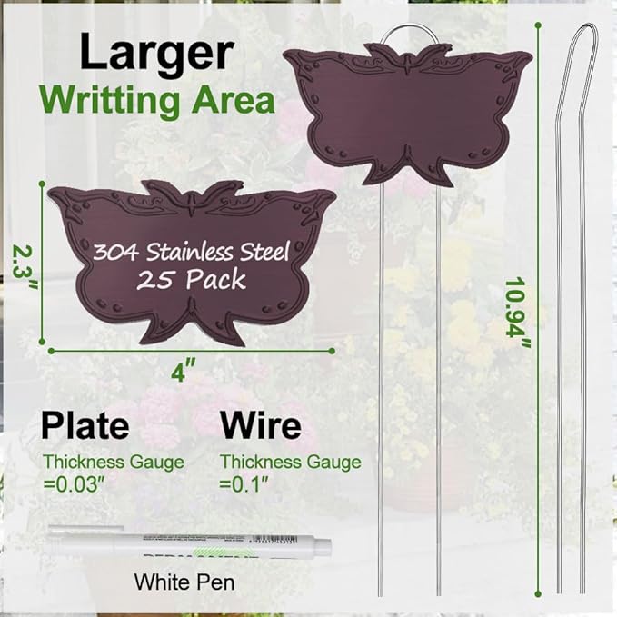 Metal Plant Labels, Tall Outdoor Butterfly Garden Markers for Flowers, Fruits and Vegetables, 304 Stainless Steel Weatherproof Signs (25 Packs, 4" x 2.3", Purplish Red Butterfly Design)