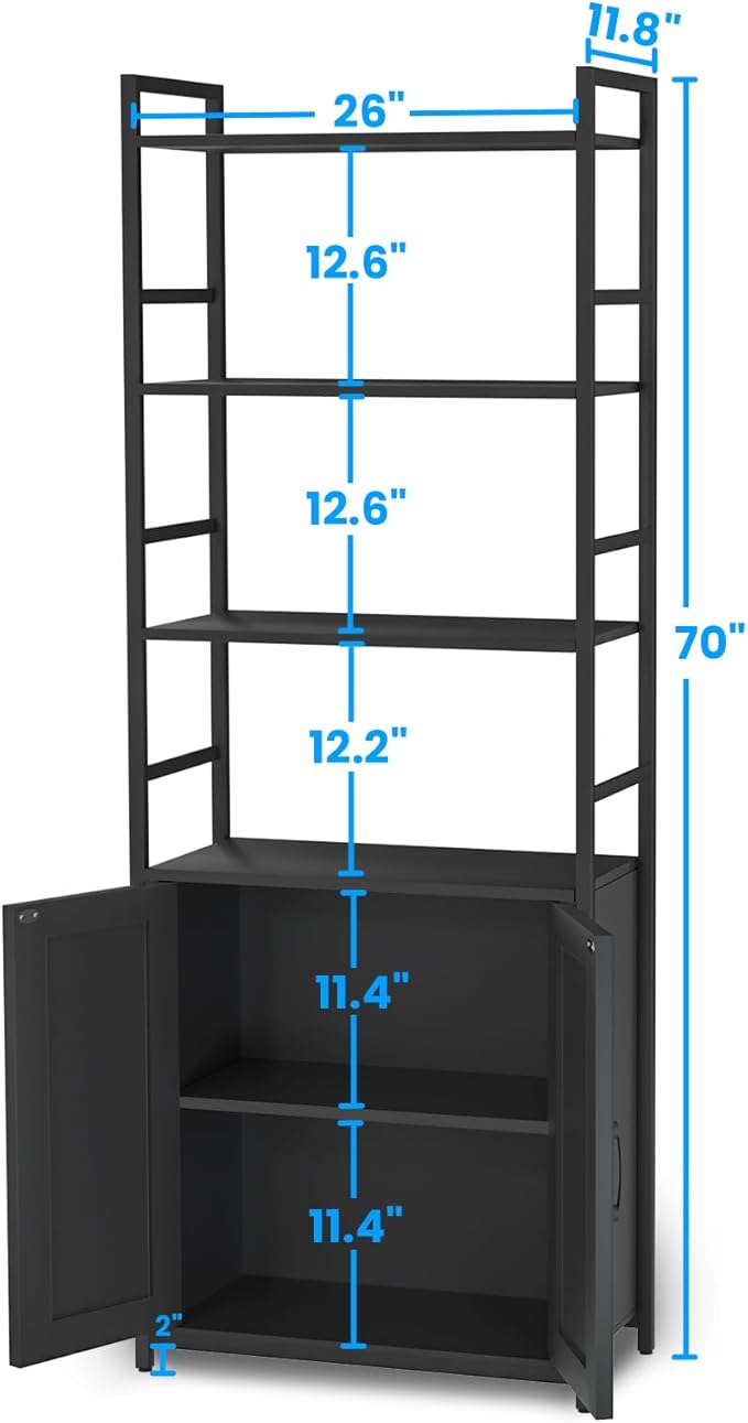 Black Bookshelf with Doors,70" Tall Bookcase with Storage Cabinet,6 Tier Book Shelf for Living Room/Bedroom/Office/Kitchen,70"(H)*26"(L)*11.8"(W)