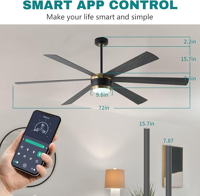 SHOWDI Ceiling Fan with Lights and Remote, 6 Blade App Control Timer Reversible Stepless Brightness and Color Temperature Outdoor Wood Ceiling Fan with Lights (Black-Gold, 72 Inch)