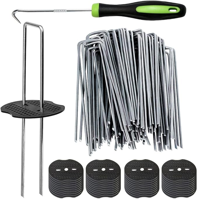 50Pcs Garden Stakes Staples + 50Pcs Gasket, Bakulyor 6 Inch Lawn Landscape Staples 11 Gauge U Shaped Galvanized Landscape Pins, Heavy Duty Yard Ground Pin for Weed Barrier Sod Fabric Decorations - 6"