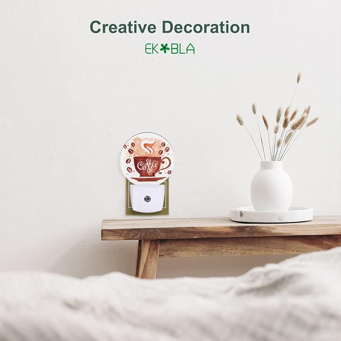 EKOBLA Coffee Theme Night Light, Dusk to Dawn Sensor, Coffee Cup & Bean Wall Plug-in Night Lamp, Warm White LED Nightlight for Home Decor, Gifts for Coffee Lovers