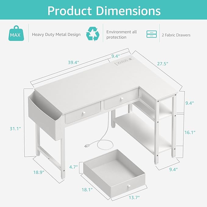 DLisiting Small White L Shaped Desk with Drawers & Storage Shelves, 40 Inch Corner Desk with Power Outlet for Small Space Home Office, Study Work PC Desks for Bedroom