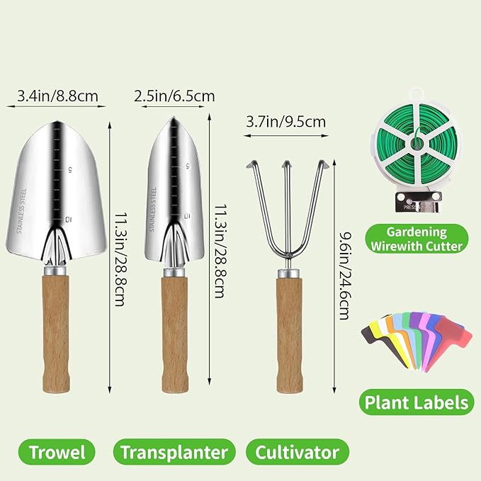 Garden Tool Set, 3 Pieces Gardening Kit with Garden Plant Twist Tie and Plastic Plant Tag, Stainless Steel Heavy Duty Garden Tools with Wooden Handle, Gardening Gifts for Women
