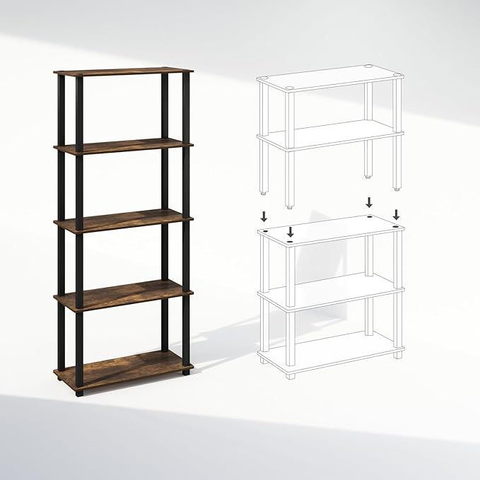 Furinno Turn-S-Tube 3-Tier Compact Multipurpose Shelf Display Rack with Square Tube, Amber Pine/Black, Set of 2