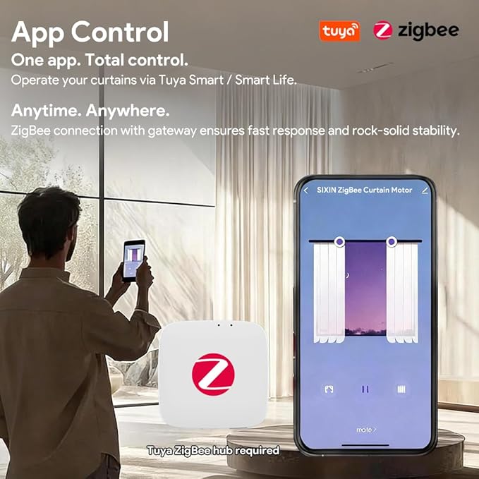 ZigBee 3.0 Dual Motor Smart Curtain Track System, Ripple Fold Electric Drapery Rods, Independent Left Right Control Day Night Curtains, 1.2N.m Mini Automatic Opener (3 meters (118.1 inches))