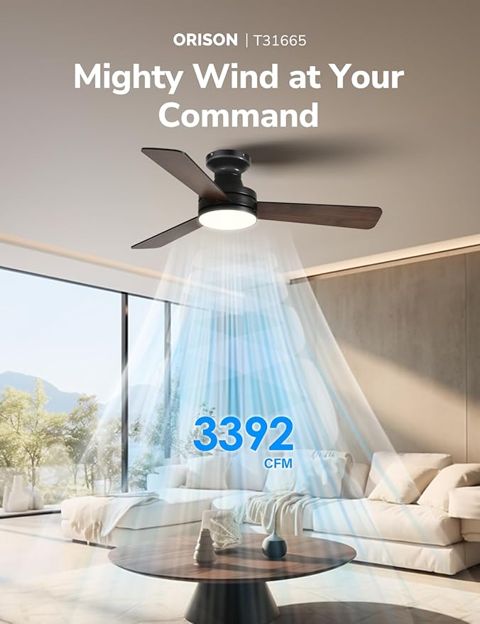 Orison Ceiling Fans with Lights 42 Inch, Low Profile Flush Mount Ceiling Fan, RGB Backlight & Dimmable Lighting, Remote & App Control, 6 Speeds, 3 Reversible Blades, Black/Wood