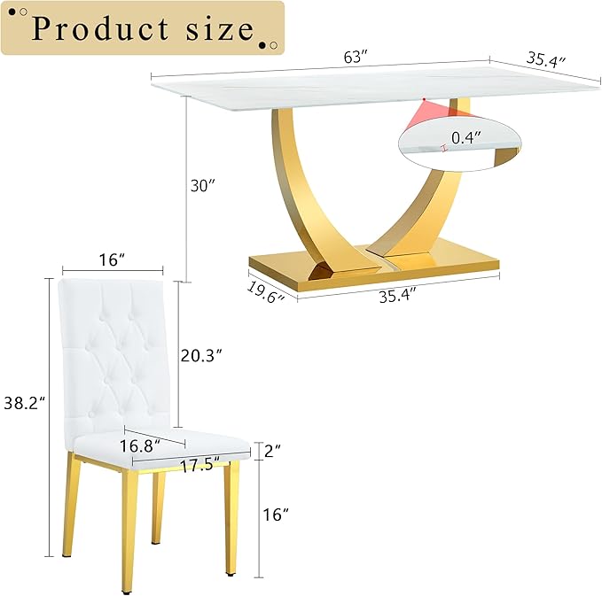 63" Modern Dining Table Set for 6, White Dining Room Set for 6, Tempered Glass Kitchen Table and PU Leather Chairs, Marble Pattern Top with Sturdy Gold Chrome Base