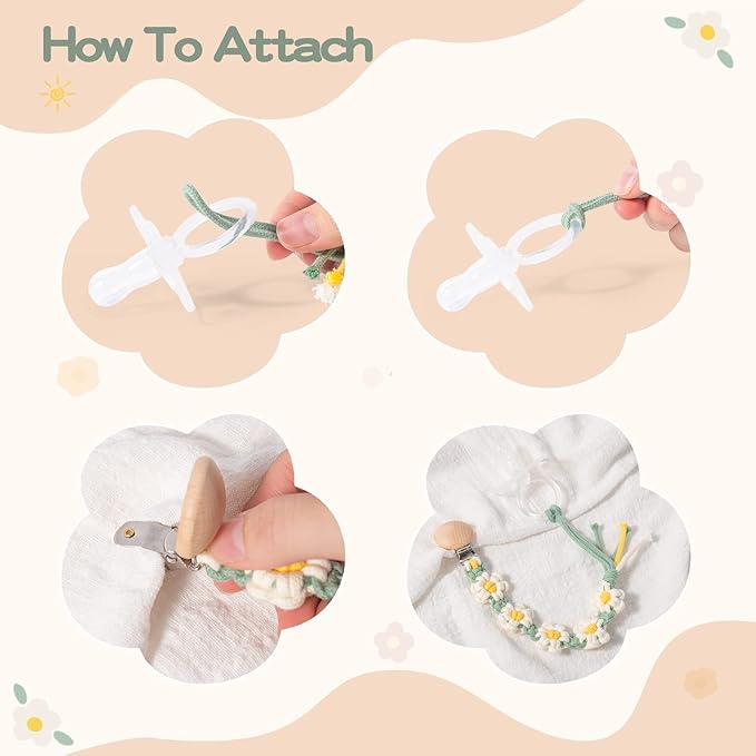 Pacifier Clip for Boys Girls Floral Daisy Macrame Baby Paci Clip Pacifier Holder Leash Boho Wooden Clips Handmade Braided Cotton Binky Clips (Baby Blue & Frost Blue)
